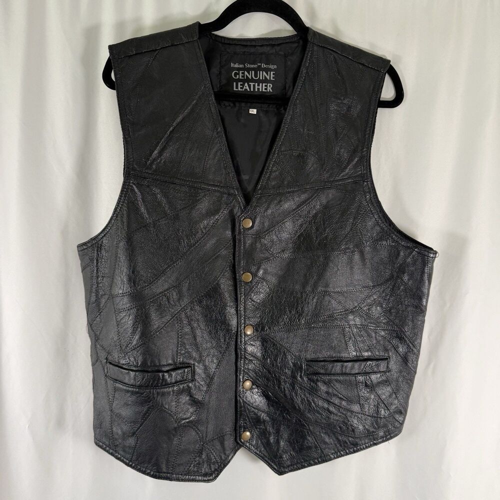 Navarre Leather Vest Men's XXL Black Snap Frotn Italian Stone Design Pockets